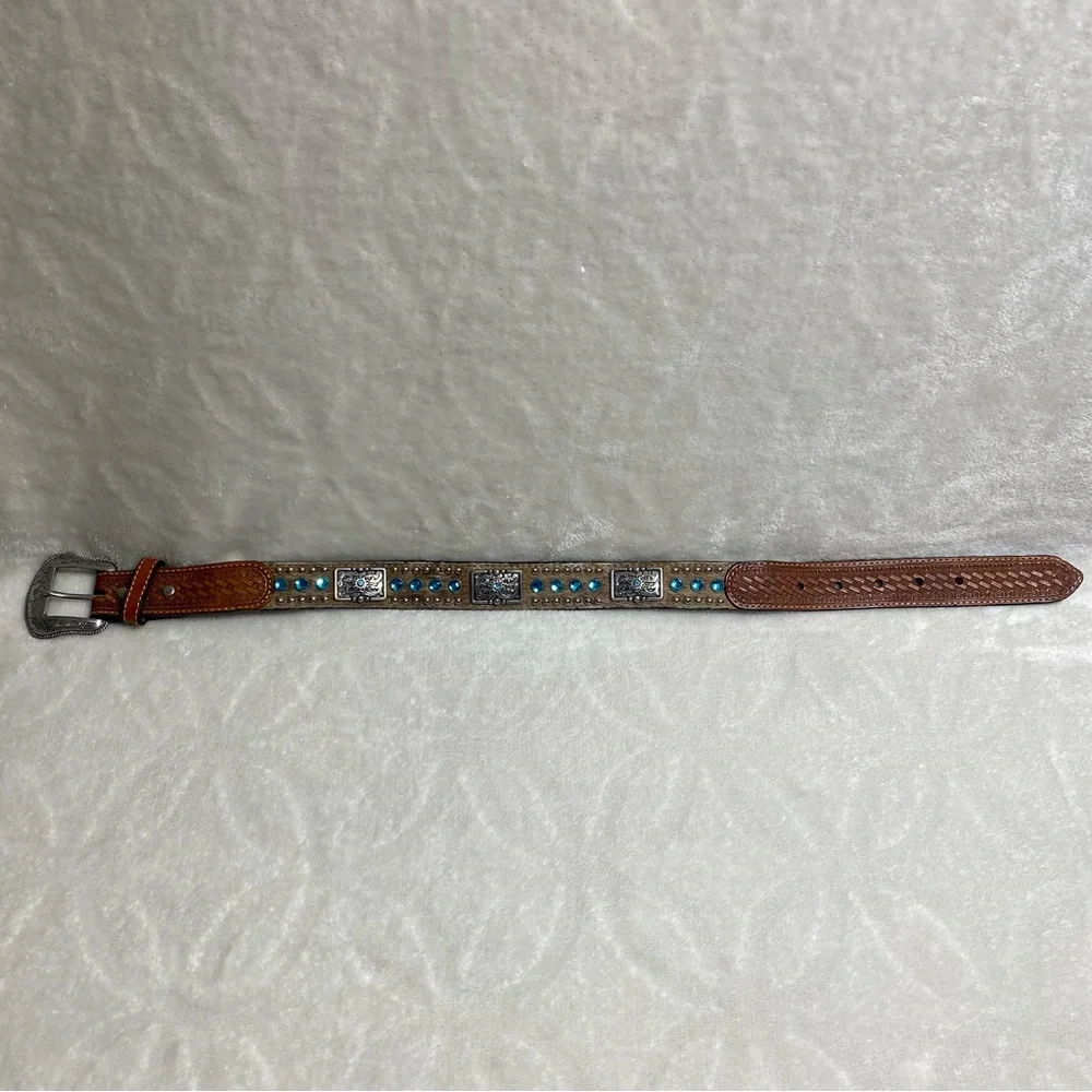 NOCONA Kids Leather Calf-hair Belt Blue Rhinestones Brown Western Cowboy